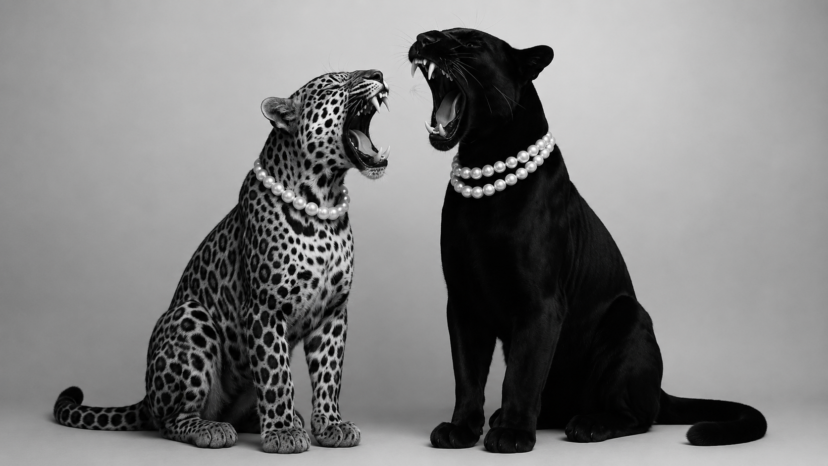 Sovereign and Savauge — leopard and black panther in pearls, fine art print